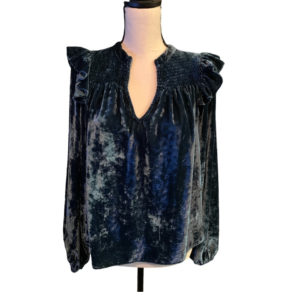 Evereve Womens Velvet Smocked Ruffle Top Size S Blue Long Sleeve Party Blouse